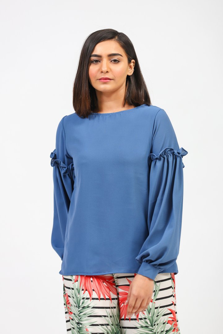 Blue Solid Top With Frilled Sleeves